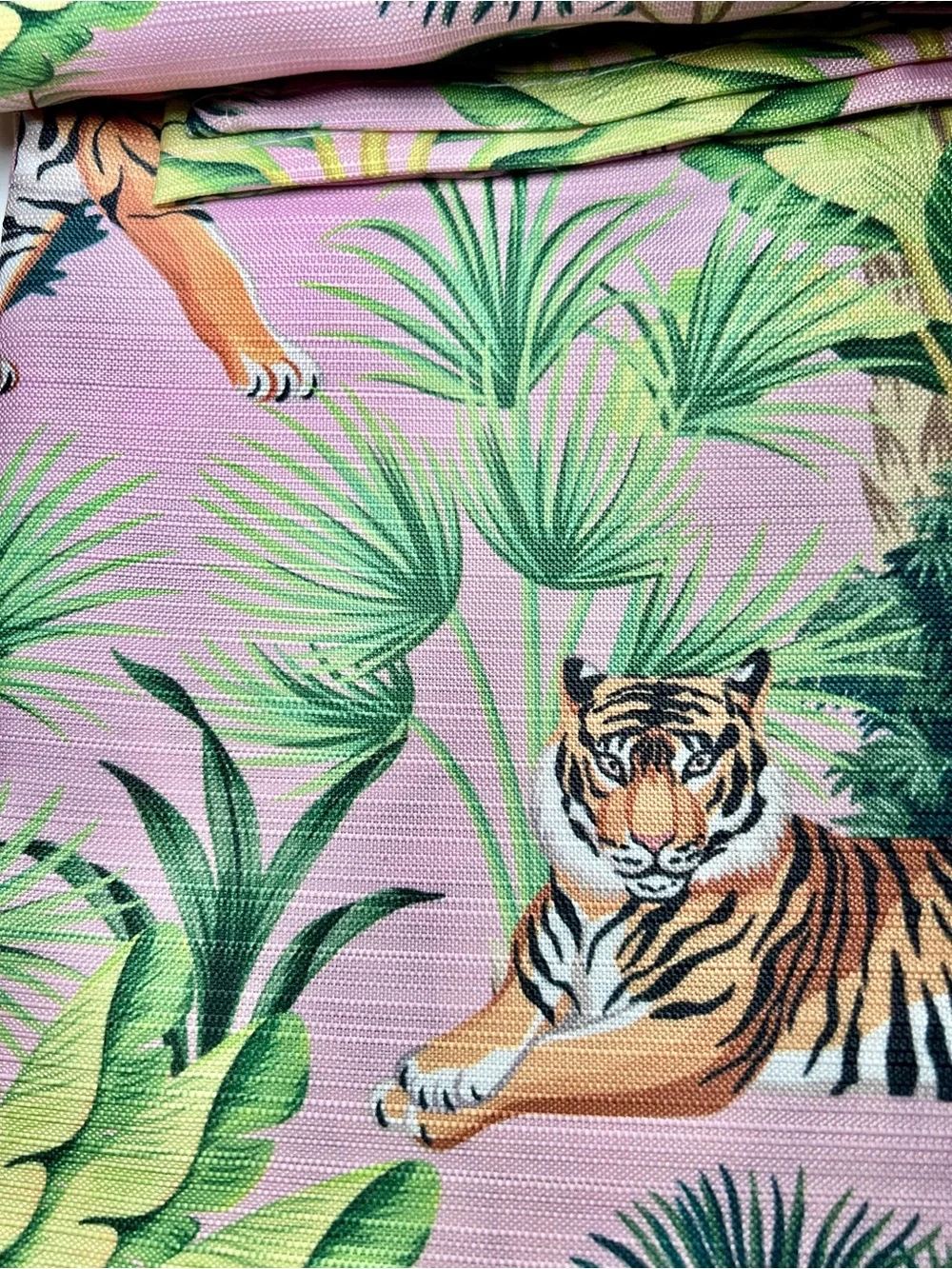 Tigers & Tropical Leaves Fabric Shower Curtain Tiger’s Life Pink & Green
